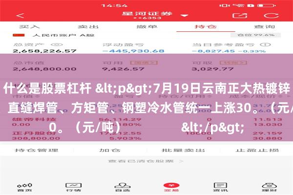 什么是股票杠杆 <p>7月19日云南正大热镀锌圆管、热镀锌方矩管、直缝焊管、方矩管、钢塑冷水管统一上涨30。（元/吨）                </p>