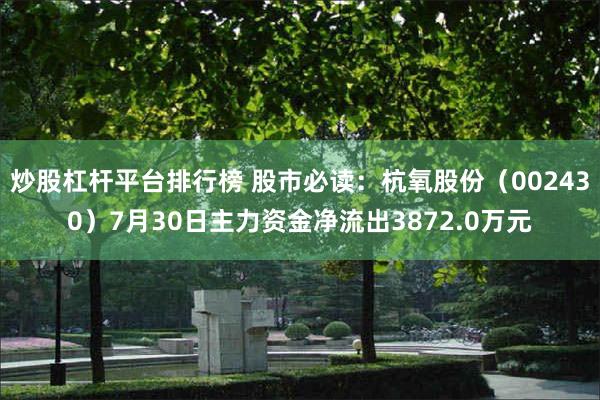 炒股杠杆平台排行榜 股市必读：杭氧股份（002430）7月30日主力资金净流出3872.0万元